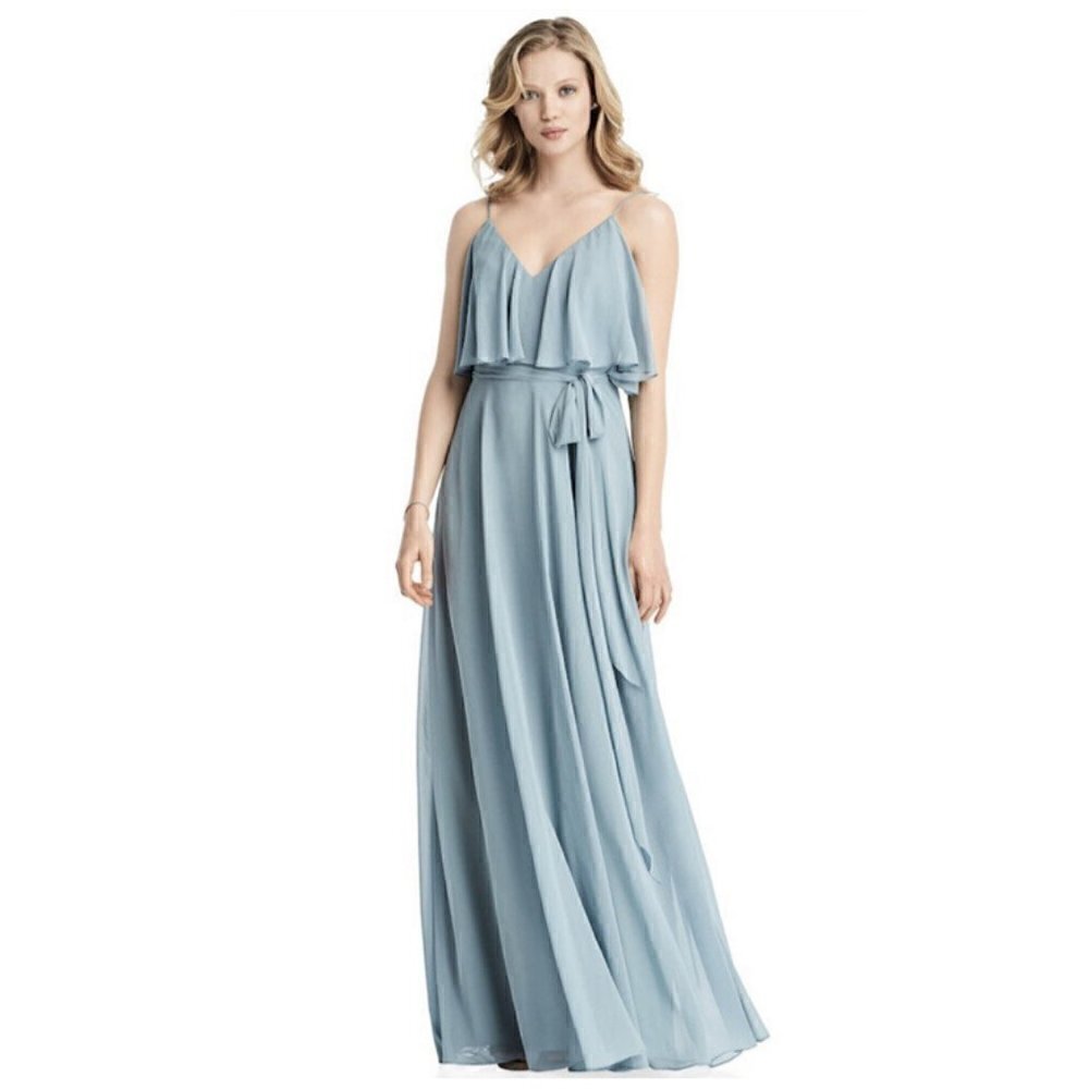 Jenny Packham Cold Shoulder Chiffon Ruffle Maxi Gown Light Blue Size 2 NWT